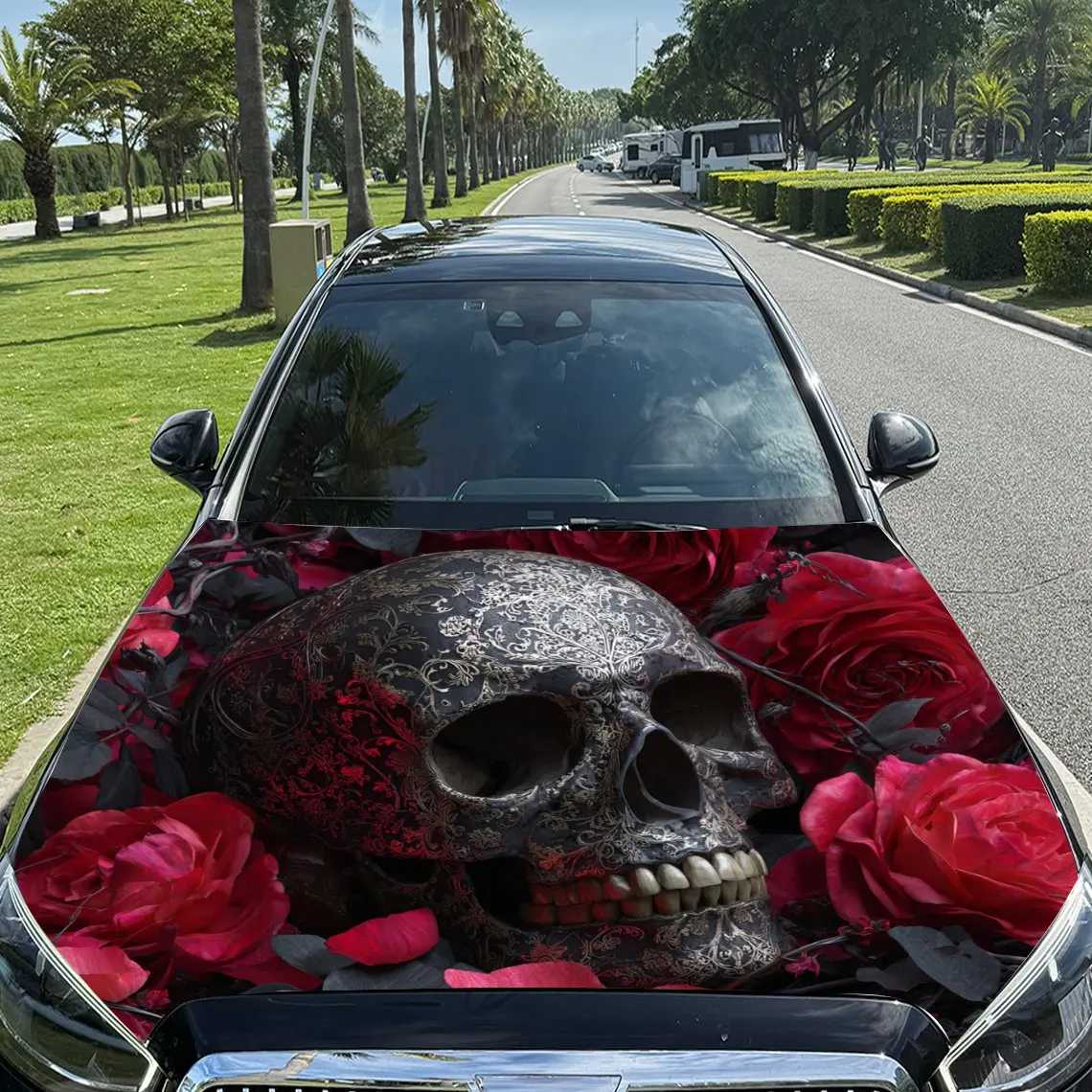 

Skull Surrounded by Red Roses Pattern car hood stickers, waterproof self-adhesive, scratch resistant, easy to stick, durable car