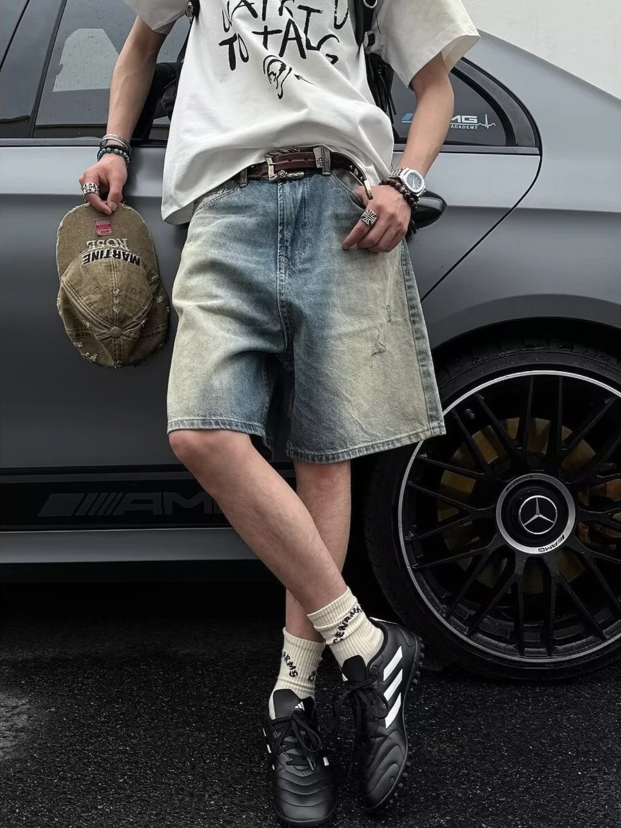 

Retro American Waed adient Hole Denim orts Men Summer Thin Loose Straight Five-Quarter Trendy Casual Jeans orts