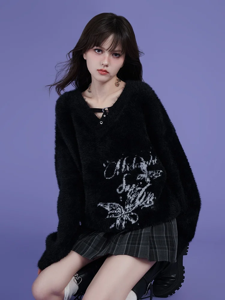 

SagiDolls Sweet Sle Loose Fit V-Ne Knitwear Mink Coat Warmth Slimming Versatile Bla Casual Streetwear for Women