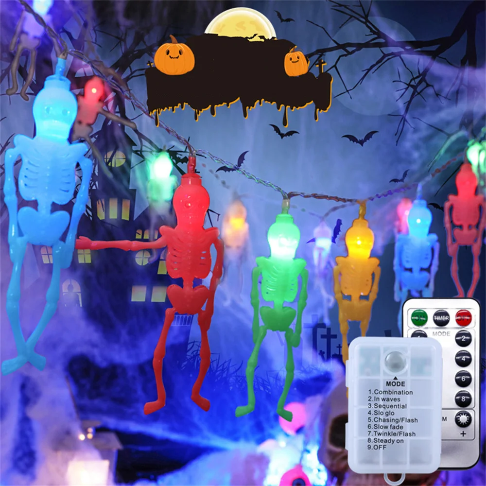 1.2M 2.5M Halloween Skeleton Skull String Lights Waterproof Battery Operated Skull Lights with Remote for Party Indoor Decor