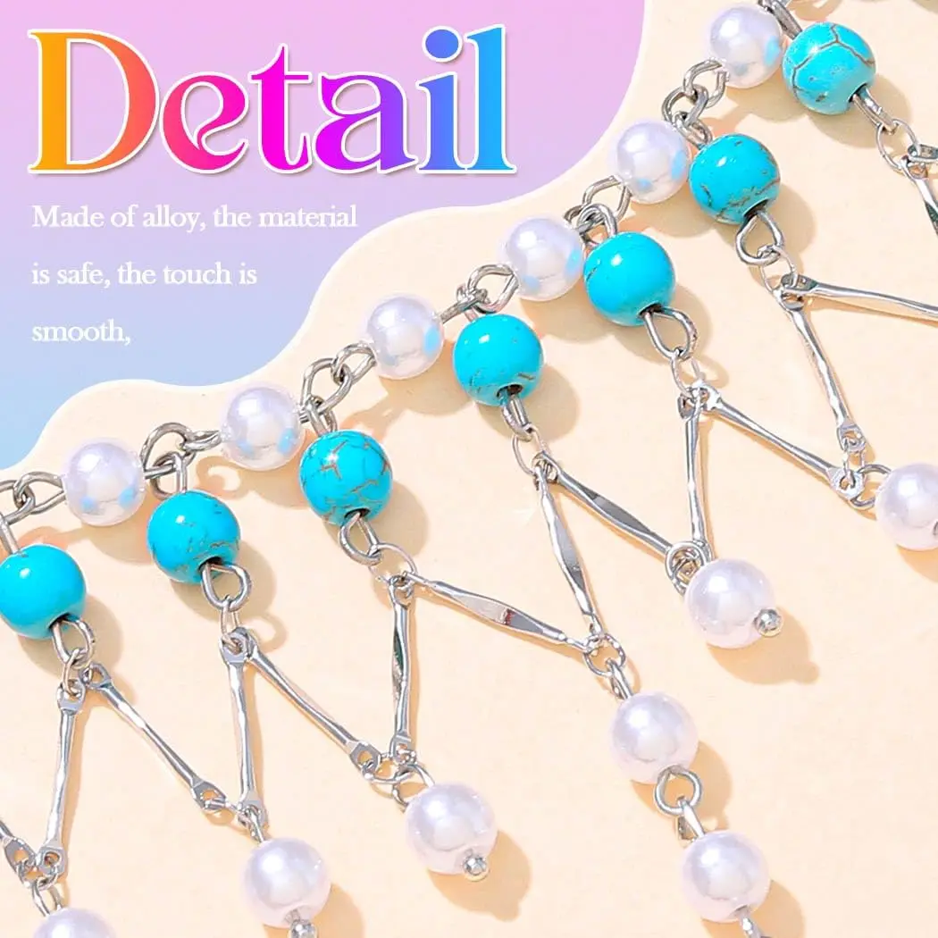 Boho Turquoise and Pearl Barefoot Sandal Anklet Silver Toe Ankle Bracelet Beach Foot Accessories for Women view 5