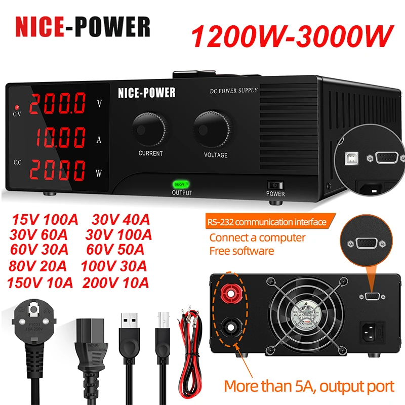 NICE-POWER Bench LAB DC Power Supply 3000W,With Output Switch RS232 Software Control,15V 100A, 30V 60A 80A,80V 20A,200V 10A   ﻿