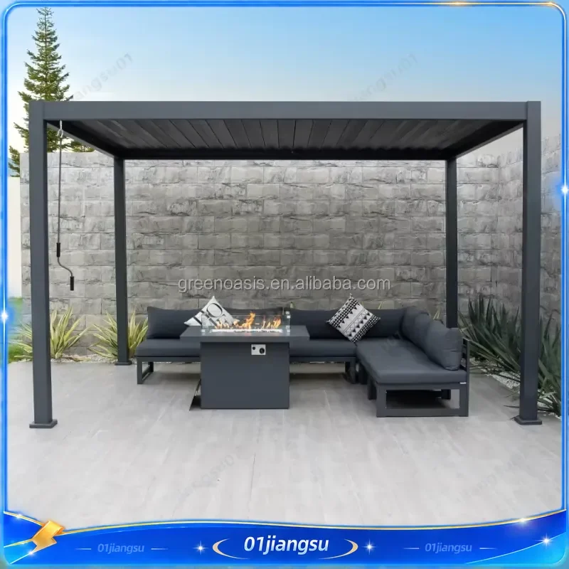 Motorized Aluminum Pergola Gazebo with LED Light Louvered Roof All Weather Durable Outdoor Patio Cover Garden Shade Structure