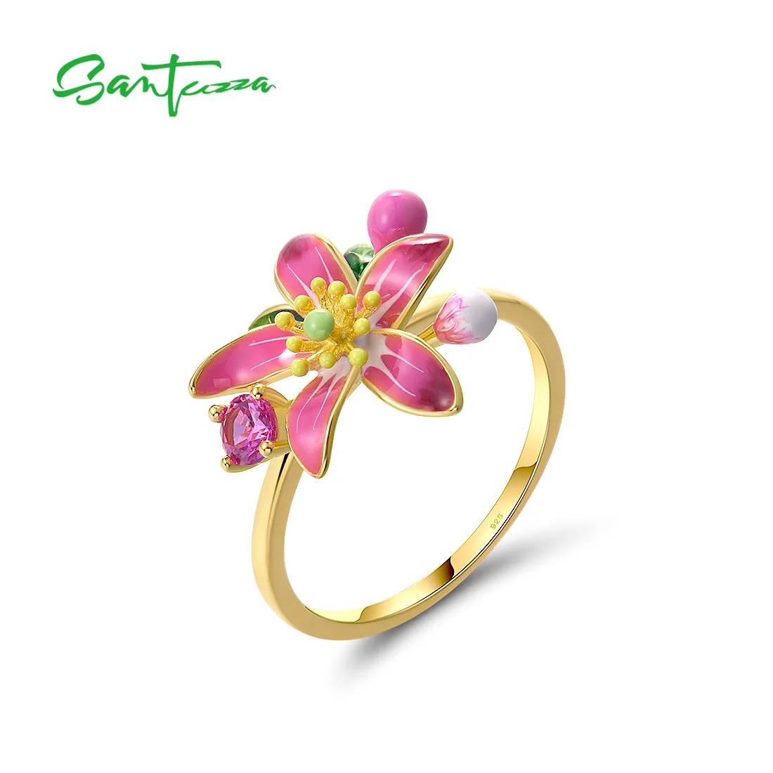 

SANTUZZA 925 Sterling Silver Rings For Women Lab Created Pink Sapphire Enamel Delicate Blooming Flower Fine Jewelry