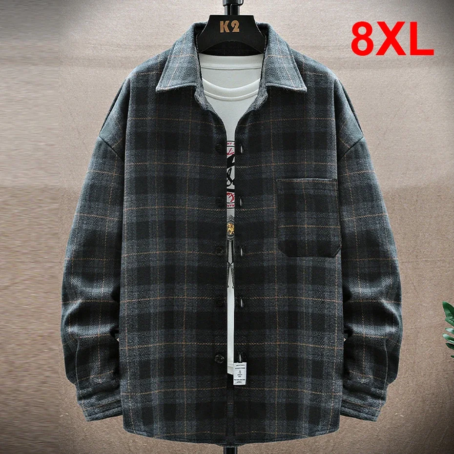 2024 New in Men's Shirts Jacket Men Long Sleeve Plaid Shirt Men Thick Vintage Blouse Male Large Size Big 8XL Fashion Casual Tops