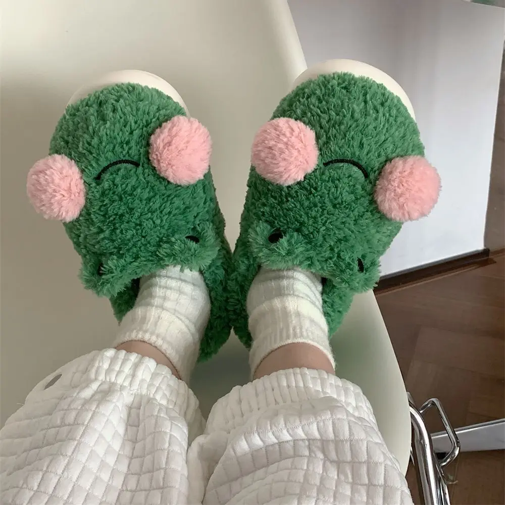 

Green Frog Furry Slippers Women Warm Plush Home Slippers Non-slip Female Indoor Floor Shoes Ladies Bedroom Cotton Slides 3.5Cm