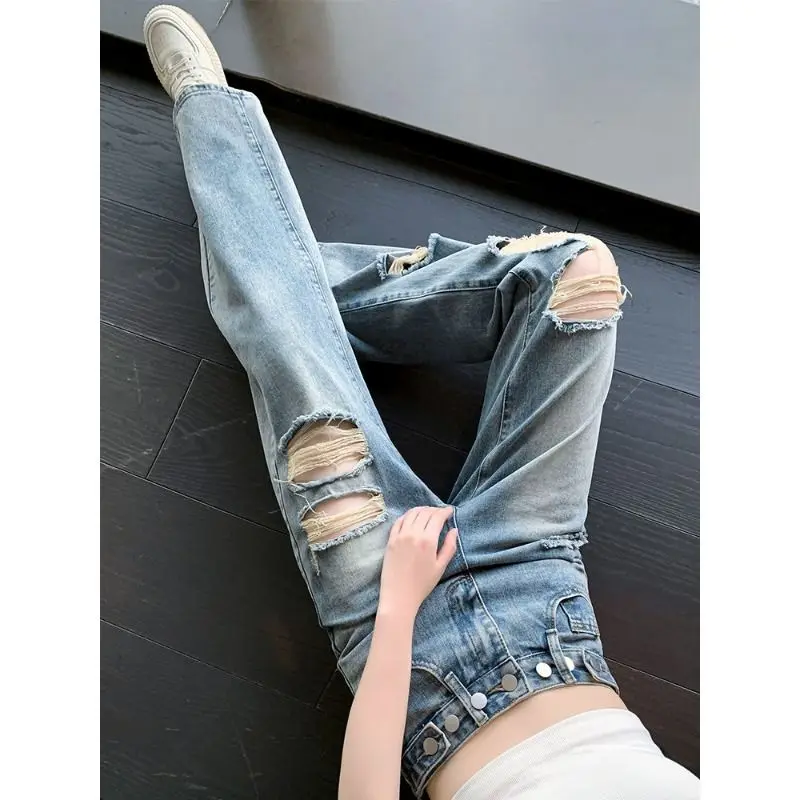 High Waist Wide Leg Straight Cut Jeans Women's Loose Fit Hole Design Thin Material Comfortable Cotton Denim Slimming Effect