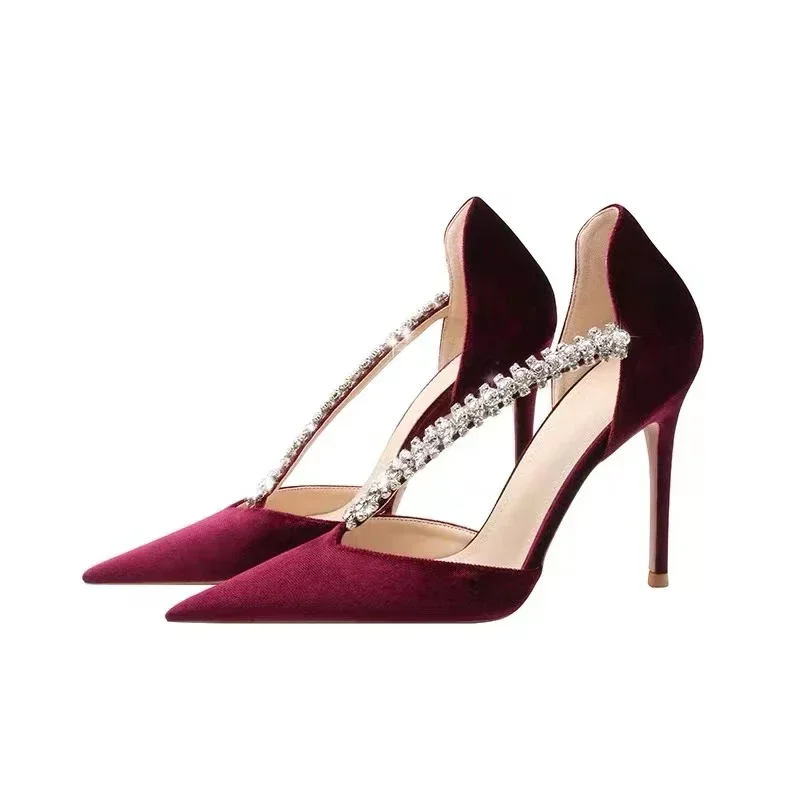Diamond black high heels 2025 summer new style socialite sexy banquet shoes pointed thin heel hollow leather single shoes
