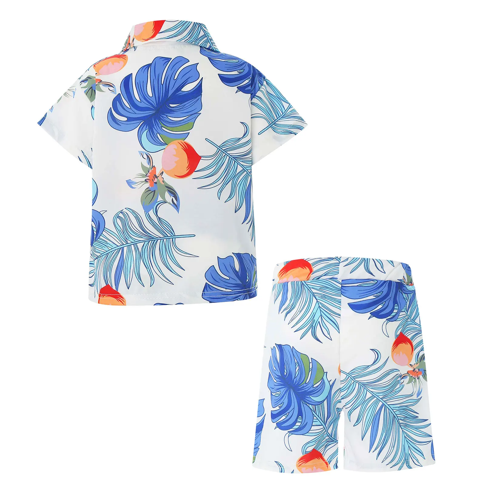 Children Boys Summer Casual Print Beach Style Costume Short Sleeve Shirt with Shorts School Daily Picnic Hawaii Vacation Outfit