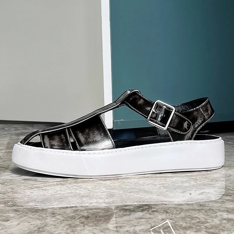 Flat men's sandals summer new thick-soled height-increasing leather Roman sandals casual beach large size small size men's shoes