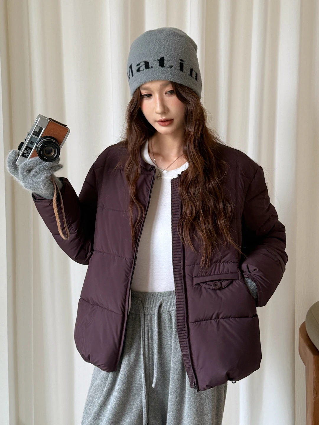 Knitted Patchwork Small round Neck Cotton Jacket Women's Outerwear Winter New Style Bean Block Puff Cotton Coat Cold Proof