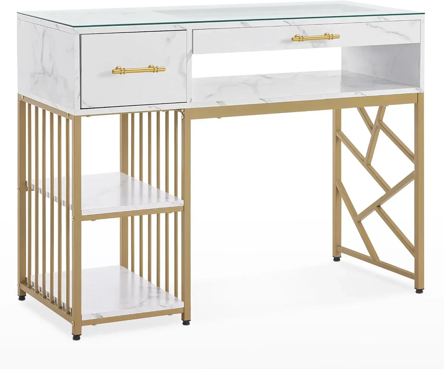 Modern Manicure Table with Drawers, Marbling Texture Nail Desk with Storage Shelves, Glass Top, Beauty Salon Nail Station 2460 (