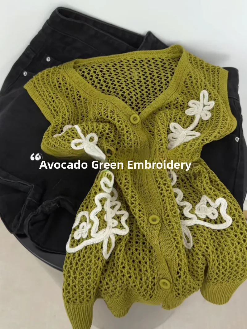 

Korean Style V-Neck Knitted Open Cardigan Women's Summer New Unique Embroidered Hollow out Self-Purchase Top Silk Blend