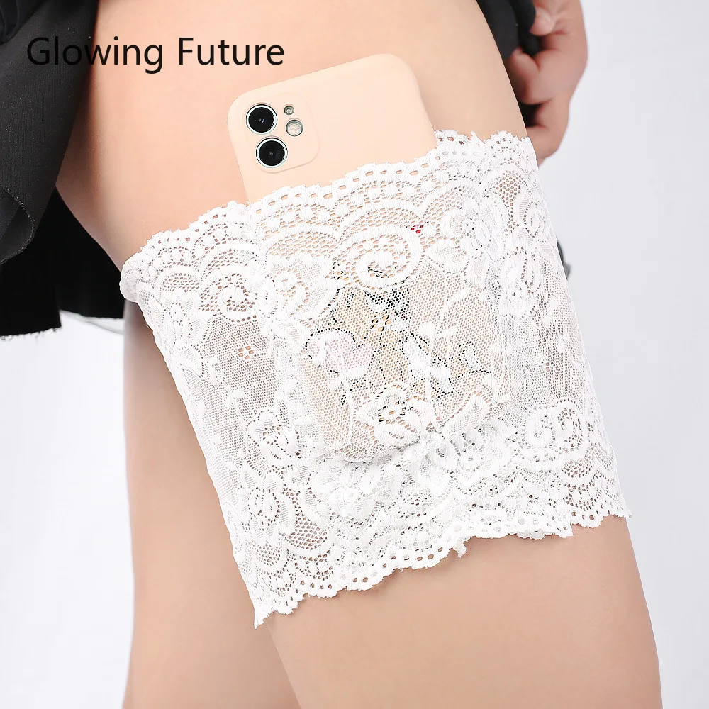 Glowing Future Sexy Lace Leg Warmer Socks Non-slip Silicone Mobile Phone Pocket Breathable Fashion Ladies Thigh Garter Socks