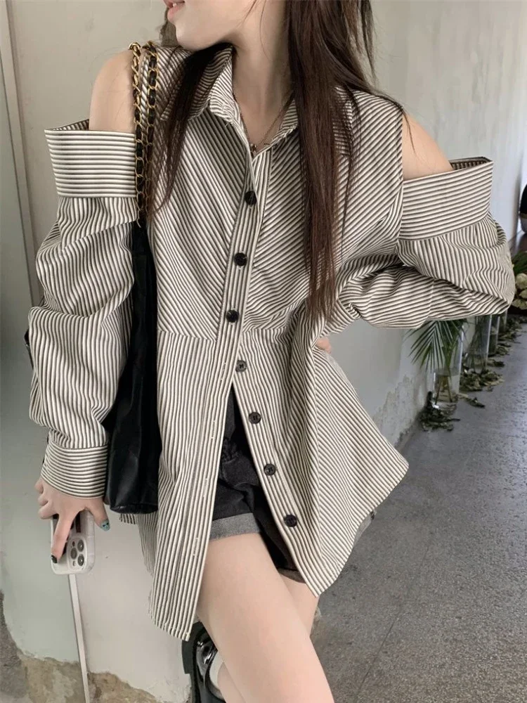 

Retro Striped Women Shirts Off-shoulder Y2k Loose Streetwear Korean Fashion Blusas Casual Chic Soft Autumn Office Ladies Clothes