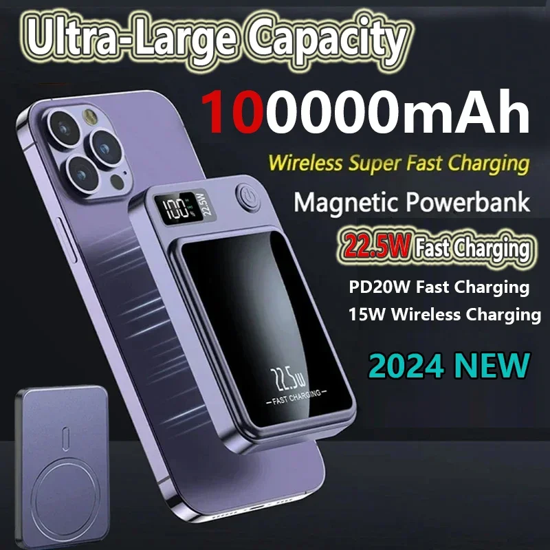 

100000mAh Magnetic Qi Wireless Charger Power Bank 22.5w Fast Charging For iphone Huawei Xiaomi Portable Powerbank