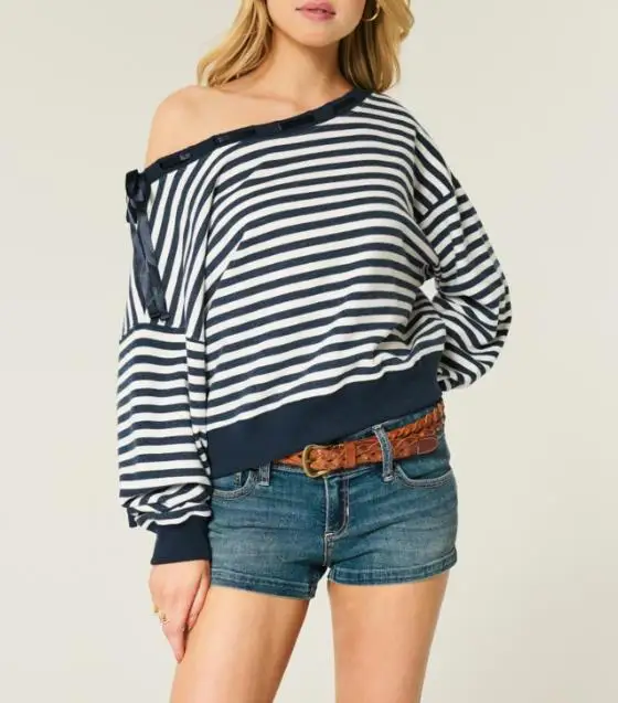 

Spring Autumn Fashion Casual Style Color Blocked Striped Print Diagonal Collar Bow Tie Design Loose Women's Long Sleeved Sweater