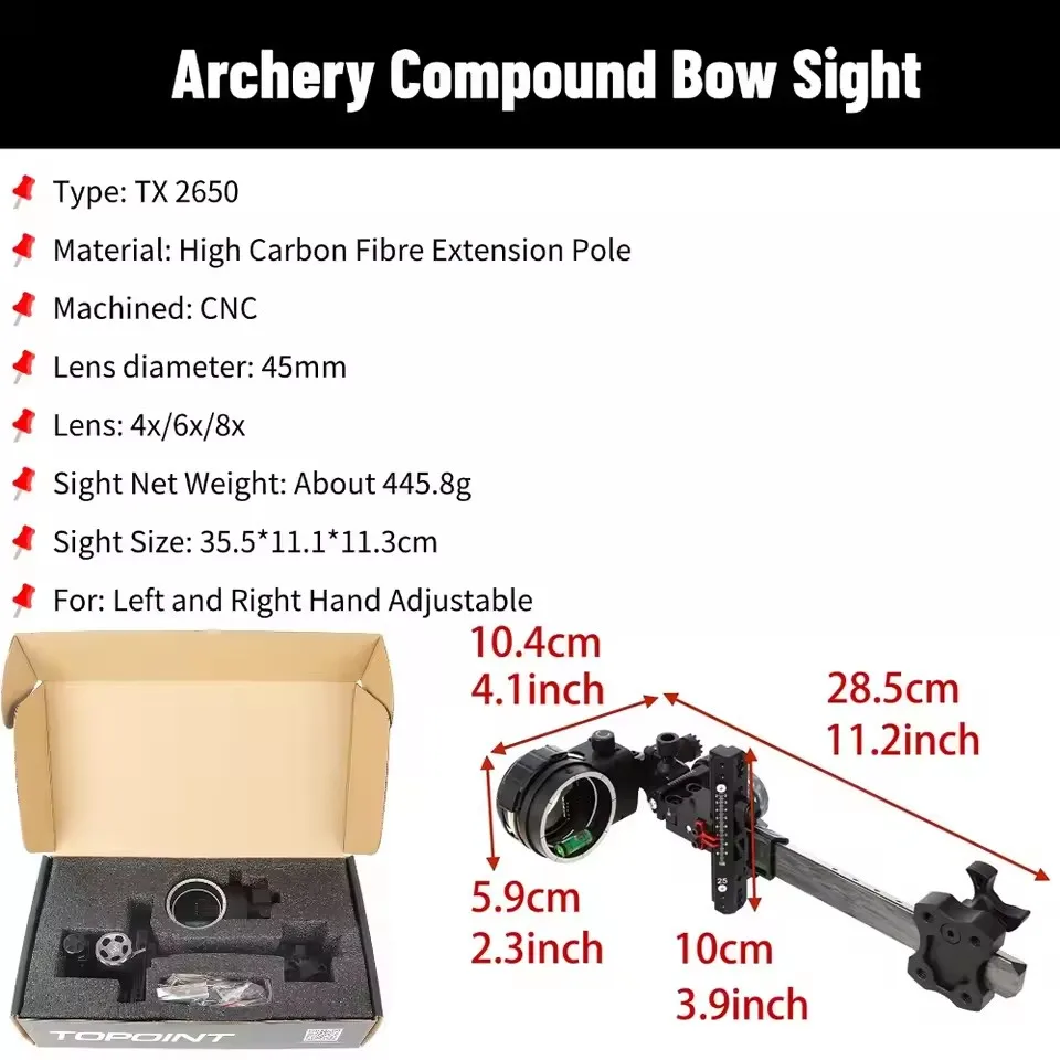 

Archery Compound Bow sight 4X/6X/8X 5 Pin 0.019" Optic Fiber Carbon Rod Micro Adjustable Right/Left Hand Hunting Shooting TX2650