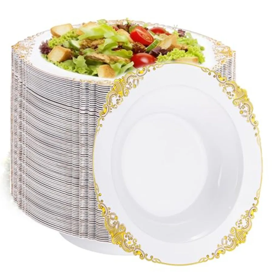 100PCS Plastic Bowls - 12 oz White Disposable Salad Bowls - Heavy Duty Soup Serving Bowl - Fancy Plastic Ice Cream Bowl for Par
