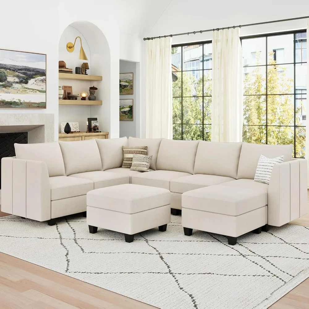 Modular Sectional Sofa Sleeper Sectional Couch with Storage Velvet Sofa Bed for Living Room, 6 Seats, Beige