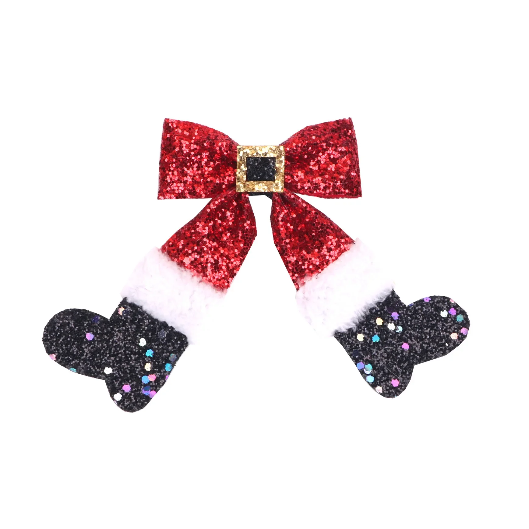 Women's Hair Clip with Red Bow Socks Christmas Series Duck Beak Clip Fabric Sequin Side Clip Cute Christmas Antlers Bow Hairpins