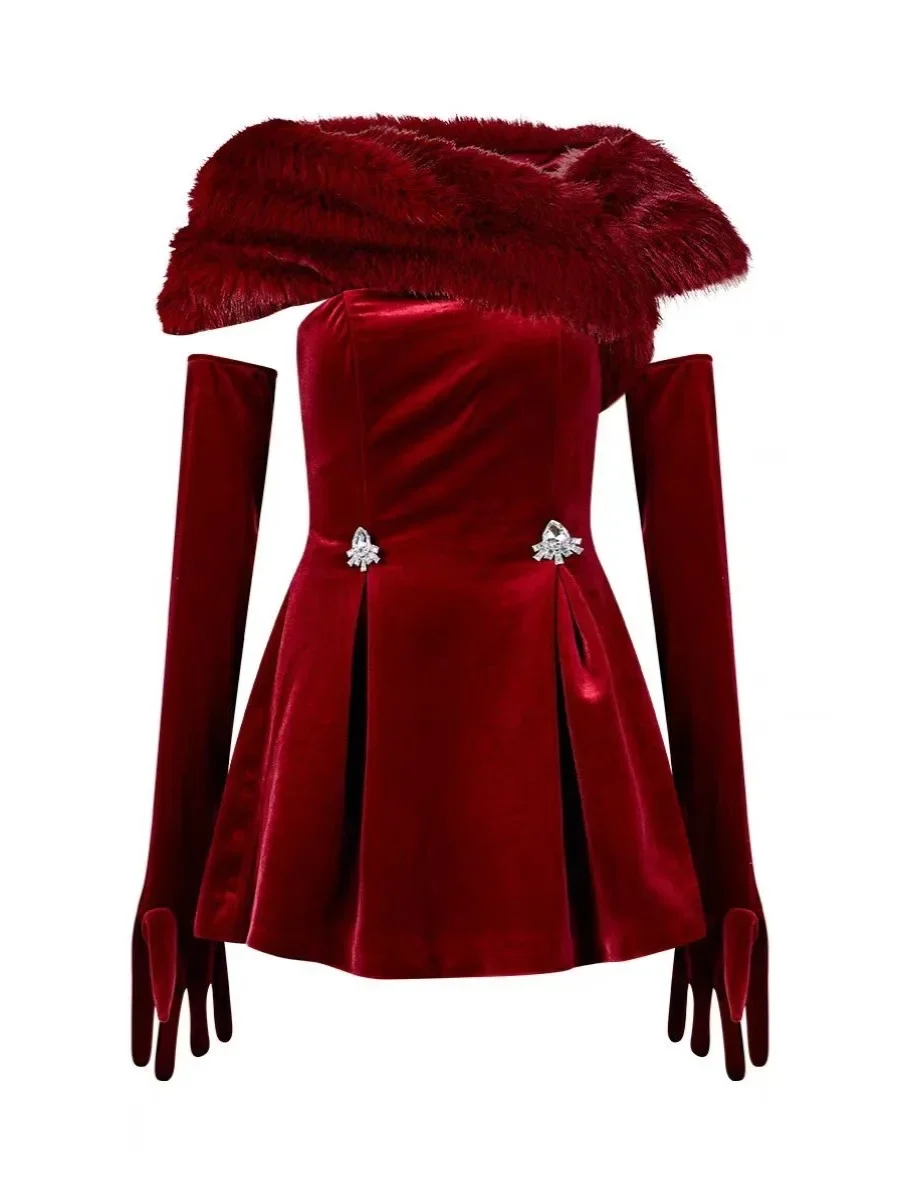 Dresses for Women 2024 Spring Autumn Red Velvet Diamond Decorations Off-Shoulder Detachable Fur Collar Dress with Gloves