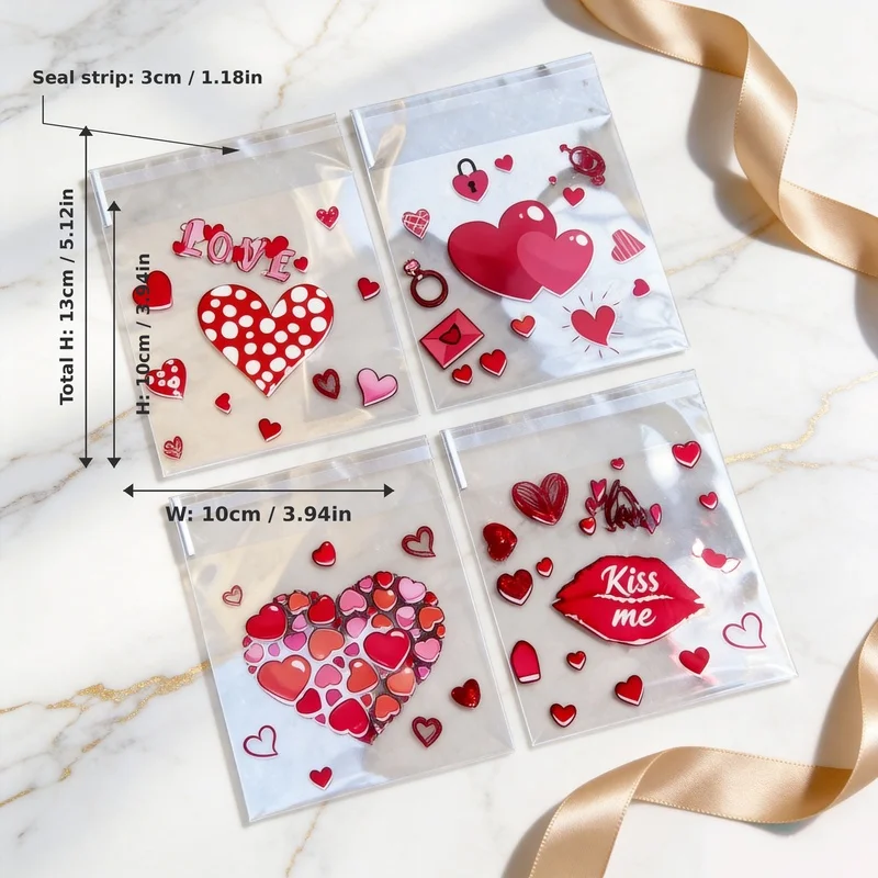 100pcs Red Heart Kiss Me Print OPP Self Adhesive Bags, Valentine Wedding Party Gift Packaging Pouches for Couple Lovers