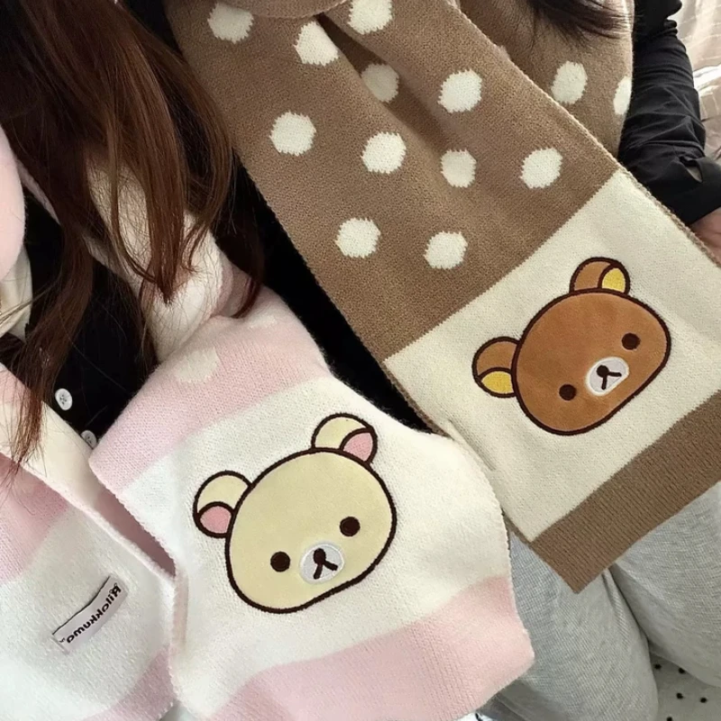 Genuine MarTUBE Rilakkuma Polka Dot Plush Scarf Bear Pattern Brown Pink Muffler Winter Warm Practical Cute Gift For Women