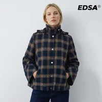 Chaqueta con capucha a cuadros para mujer EDSA, manga larga, cuello alto, abrigo de primavera y otoño, ropa de abrigo