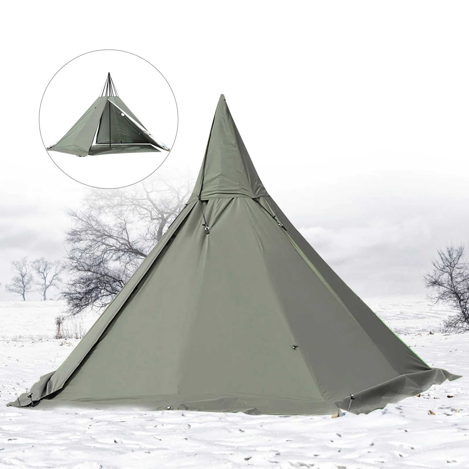 Portable Green Travel Teepee Tent 2-Door Camping Equipment 4-Season Pyramid Tent Outdoor Camping Tent Reathable Waterproof