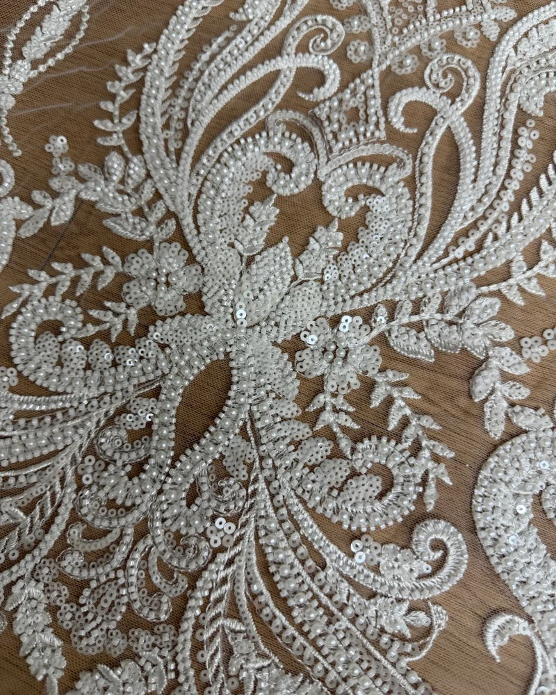Gorgeous Heavy Beads High Quality Beaded Sequins Pearls white lace fabric embroidered for wedding dresses Sell By  Yard