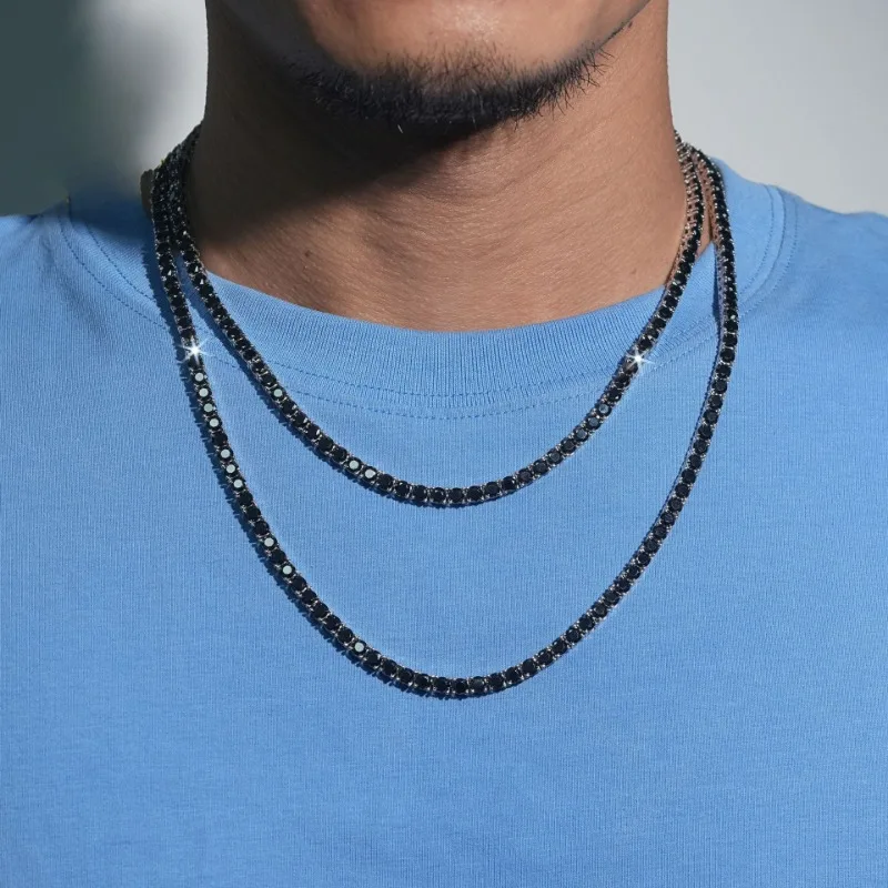 Hiphop 4mm Black VVS1 Moissanite Tennis Necklace for Men Rock Jewelry Rhodium Plated Iced Diamond Link Necklaces Pass Tester