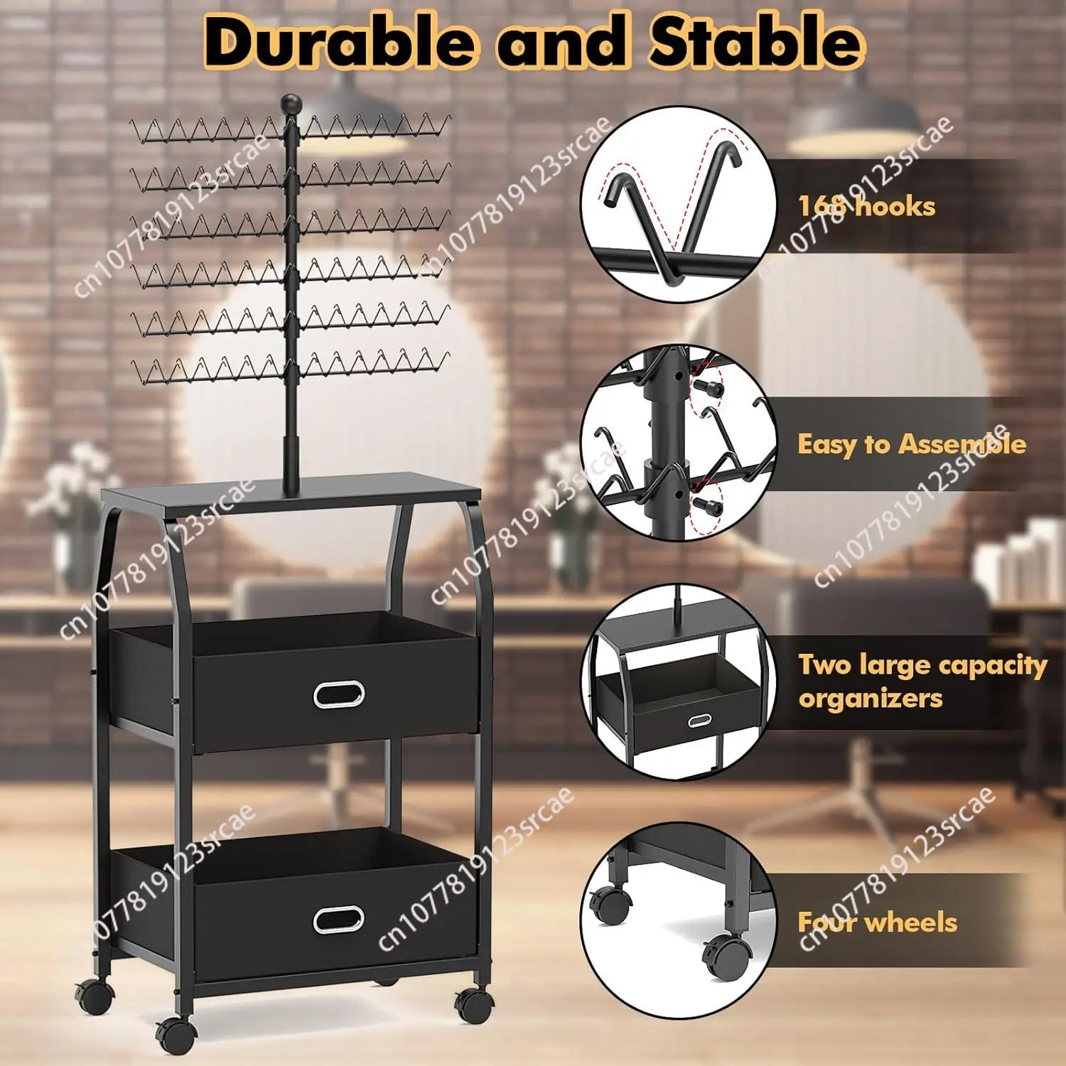 Portable braided hair rack with wheels and storage drawer 168 hole hair bundle holder braided hair storage rack