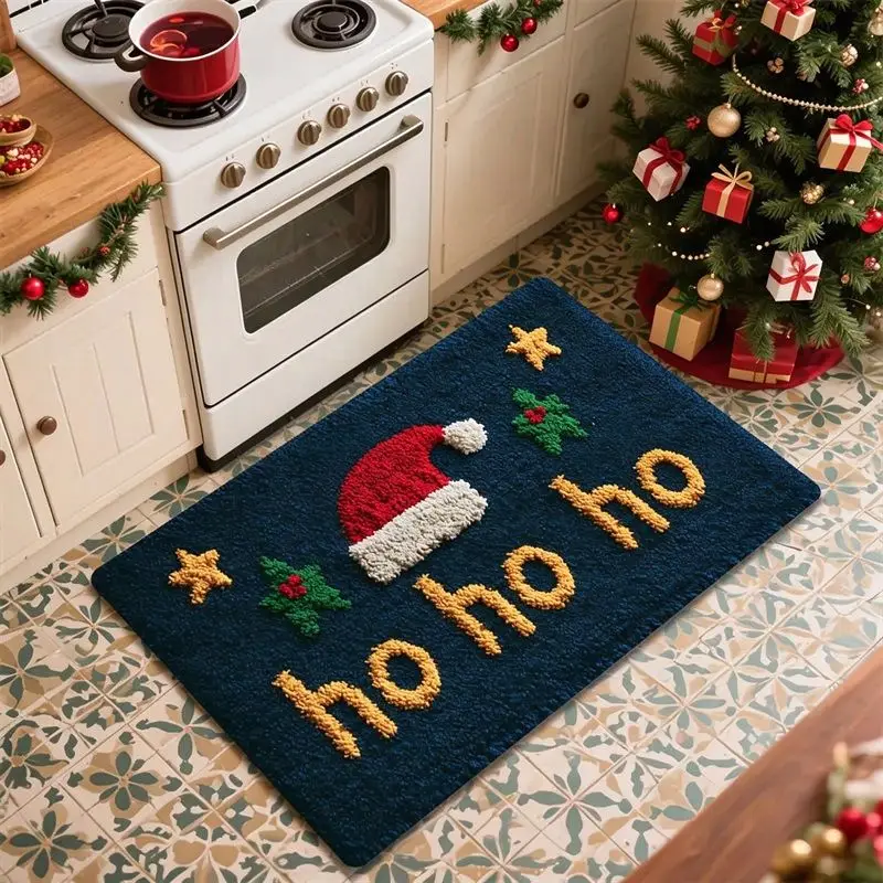 VIKAMA Cute Smiling Reindeer Doormat Green Cartoon Deer Red Antler Floral Leaf Heart Kawaii Entrance Mat for Front Door Decor