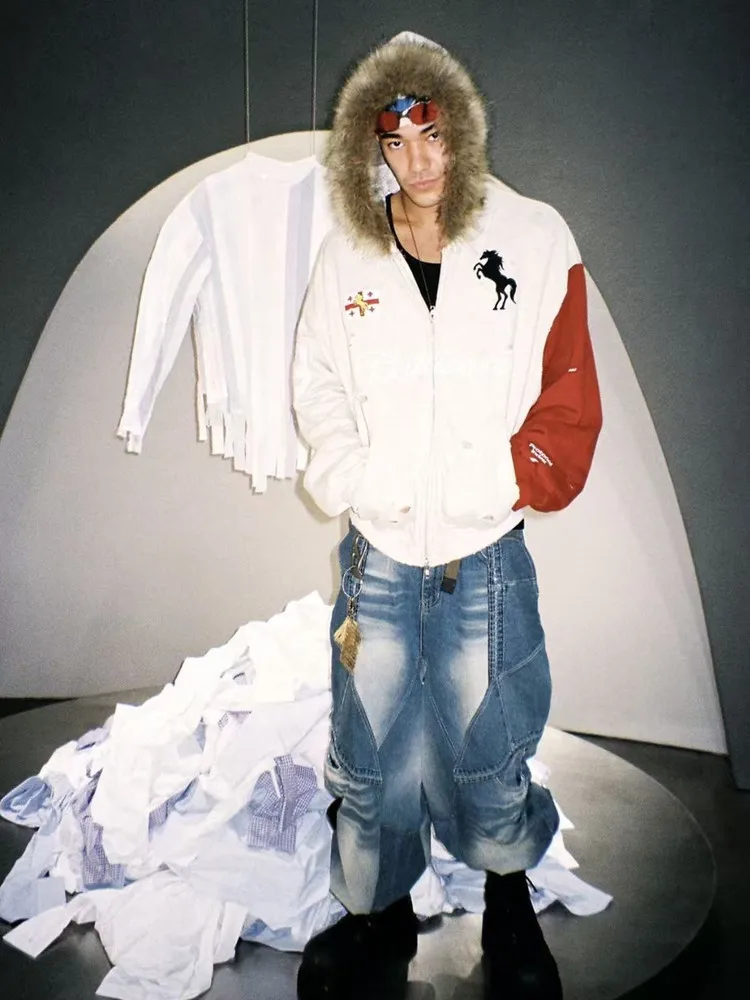 

Waed Vintage Color Blo Hooded Zipper Sweatirt Fur Collar Youth Casual Warm Long Sve ort Length American Sle Jaet