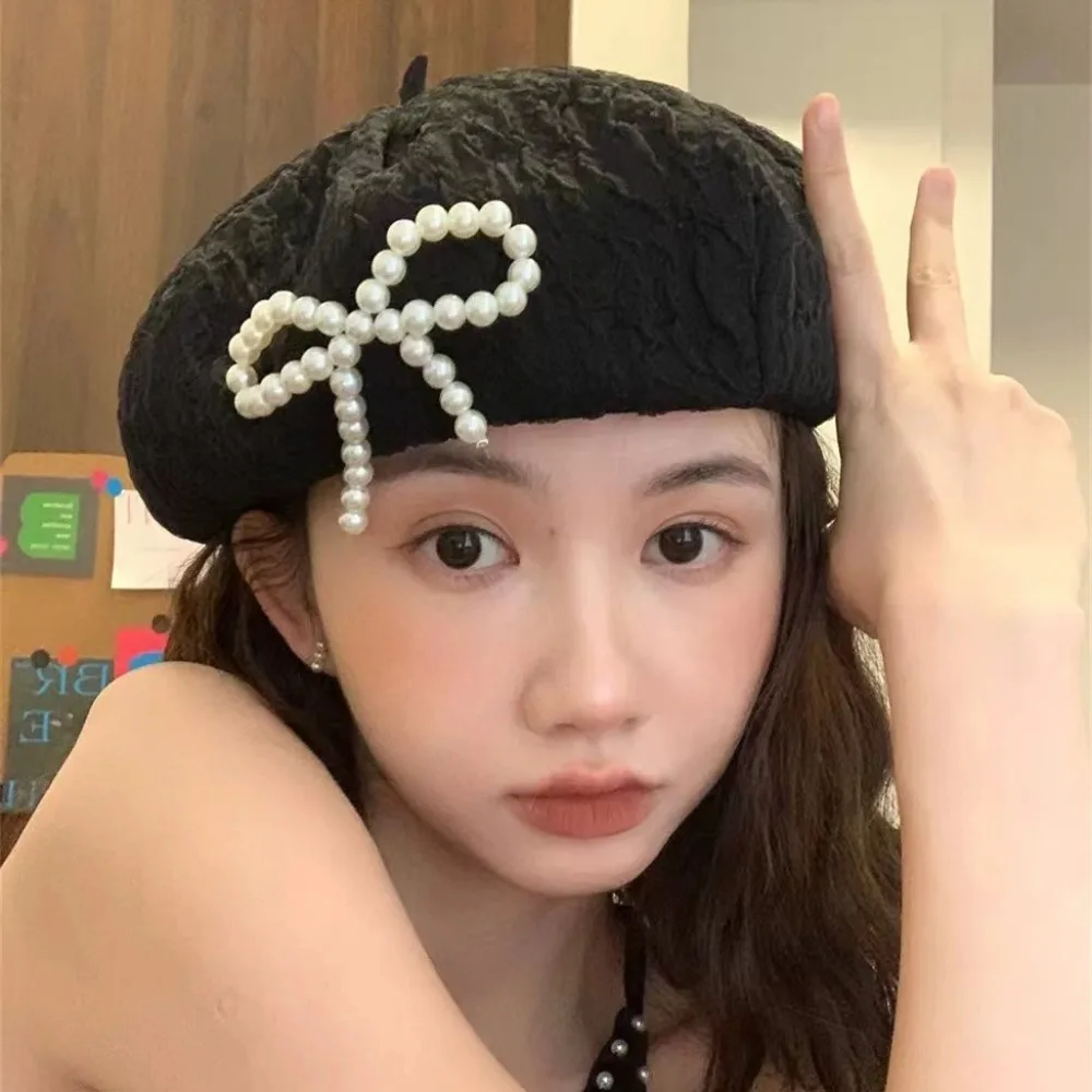 Vintage Y2K Lace Berets Cap Street Style Cotton Pearls Bow Soft Hat Big Head Circumference Korean Style Women Artist Hat Girls