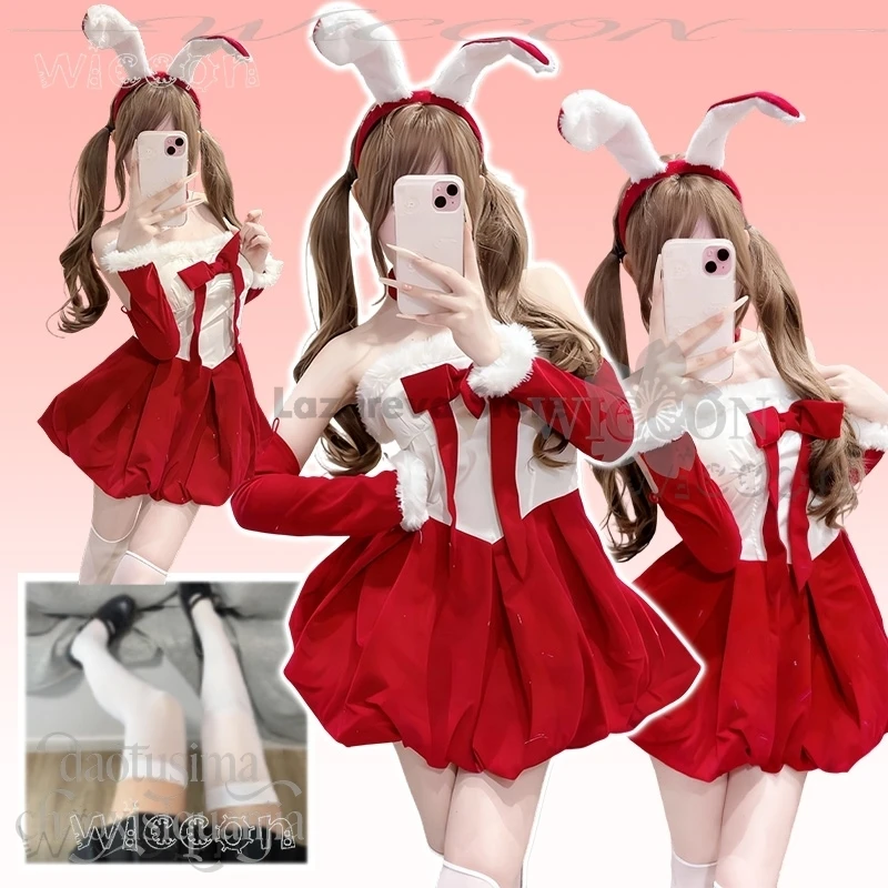 

Halloween Carnaval Kawaii Original Design Uniform Red Velvet Maid Bunny Girl Dress Cute Rabbit Headwear Adults Outfits