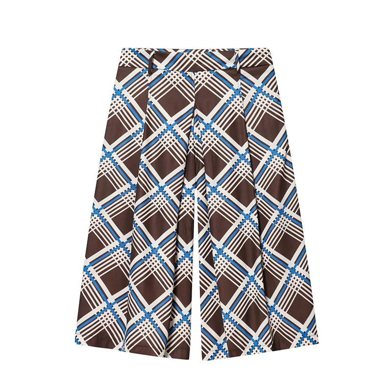 2025 نساء موضة منقوشة نمط طويل شورت برمودا خمر عالية الخصر عادية فضفاض السراويل الإناث عطلة سراويل قصيرة #1