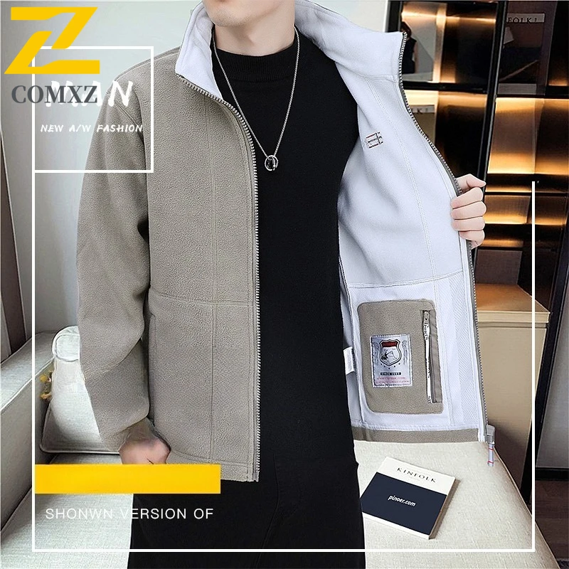 

Men Fleece Jacket Simple Multi Pocket Wrinkle Outdoor Resistant Warm Thickened Coat Hiking Camping Winter Windproof Casual Coats