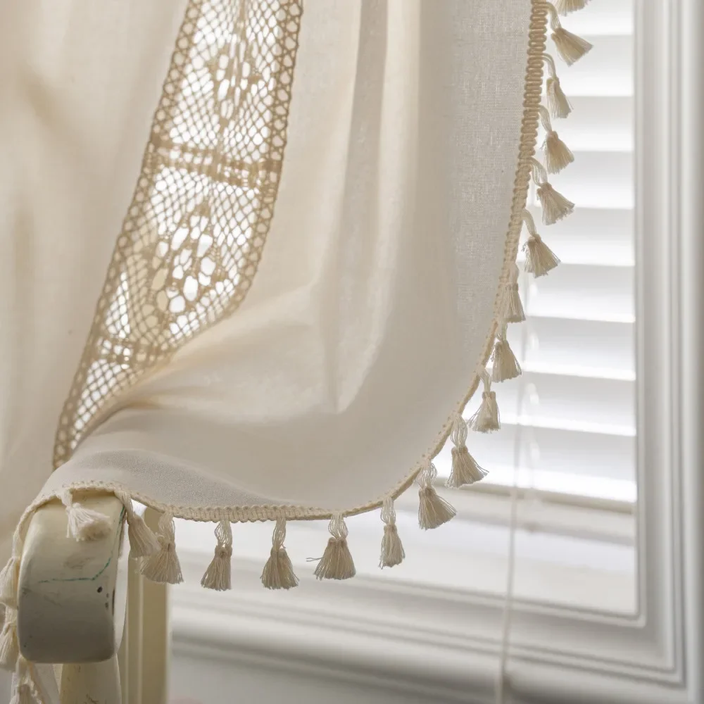 pp1010Curtain hollow splicing American kitchen curtain cotton and linen semi-blackout tassel curtain