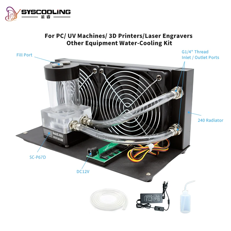 SYSCooling Portable Industrial 240mm Water Cooling Kit with Radiator Pump Fan for 3D Printers Lasers LEDs PCs and Laptops