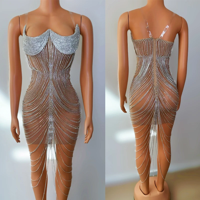 

Fashion Birthday Celebrate Costumes Sexy Perspective Tassels Diamond Chain Party Dress Stage Rave Outfits Evening Wear XS8055