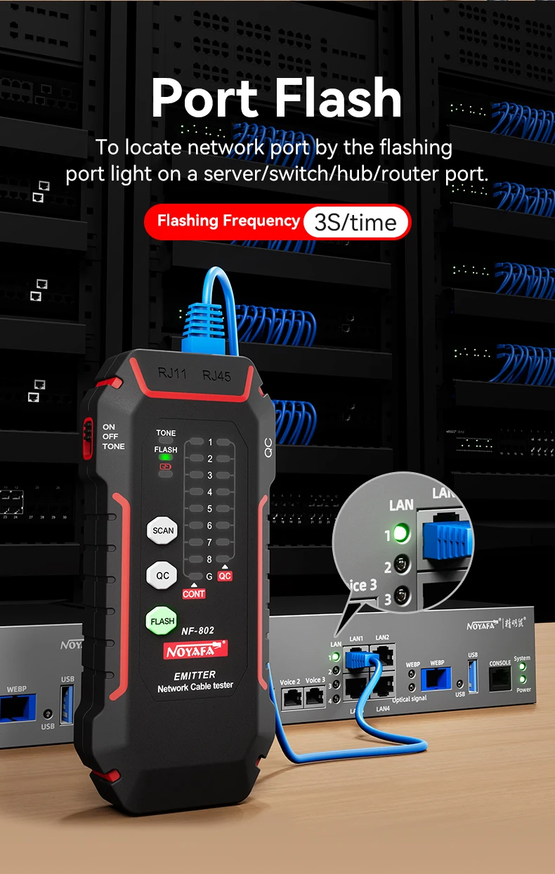 NOYAFA NF-802-1 Netzwerkkabeltester, Kabelverfolger RJ45 RJ11 mit Krokodilklemme – Detail 5