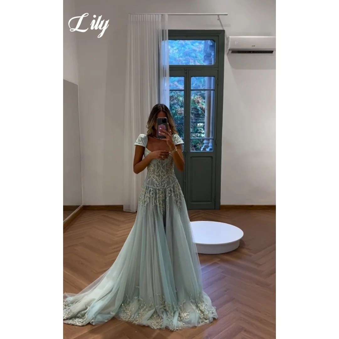 Lily Elegant Mint Green Prom Dress Sweetheart Neck Cap Sleeve Sheer Beaded Lace Tulle Trailing Formal Evening Gown Customized image 3