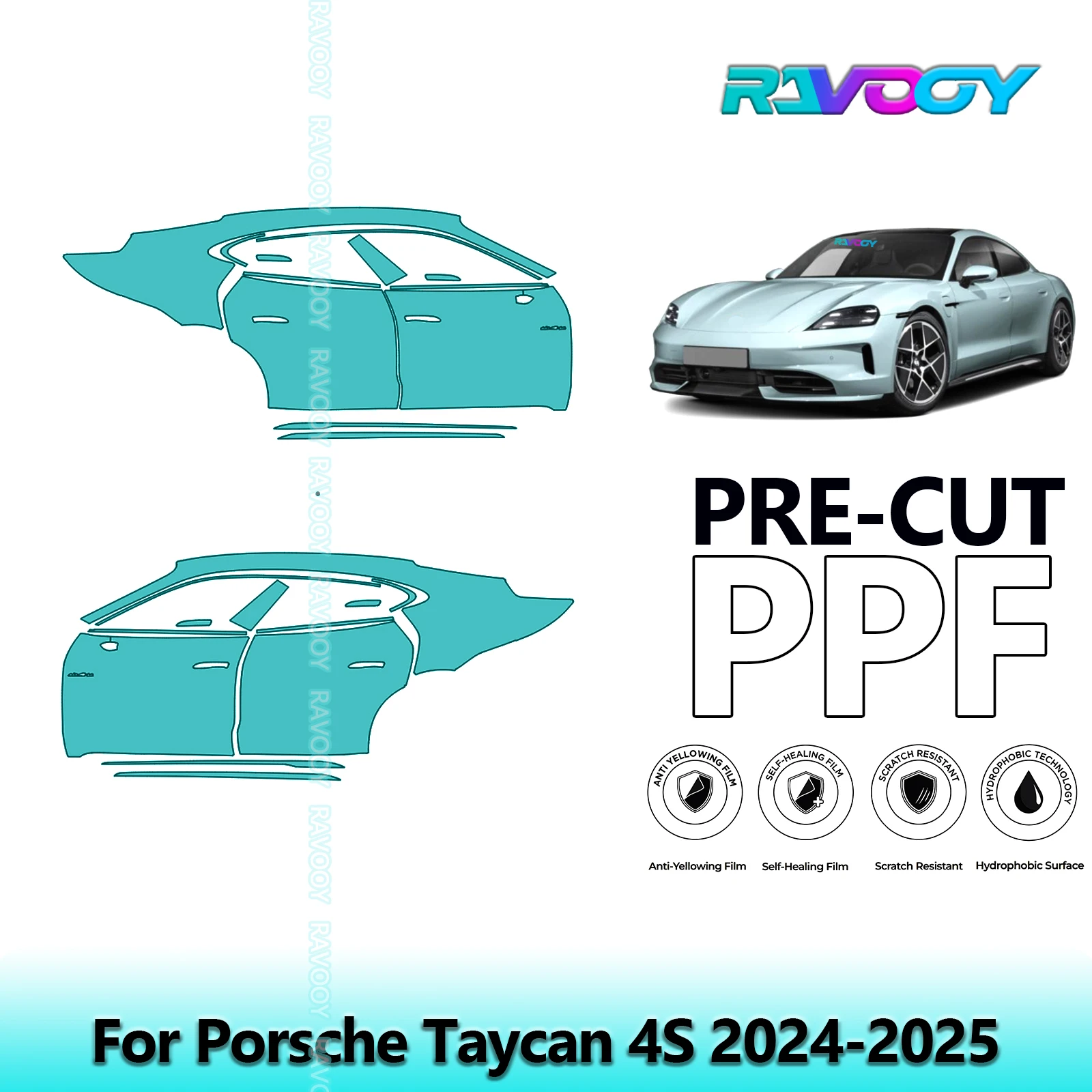

For Porsche Taycan 4S 2024-2025 8.5mil Clear Matte Pre-Cut PPF Door & A/B Pillar Kit TPU Paint Protection Film Set
