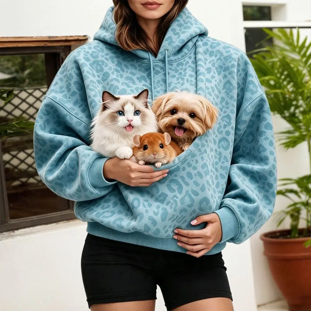 Leopard Print Sweatshirt Double Layer Hood Oversized Pullover Sweatshirt Portable Pet Pocket Loose Shoulder Pet Pouch Sweatshirt