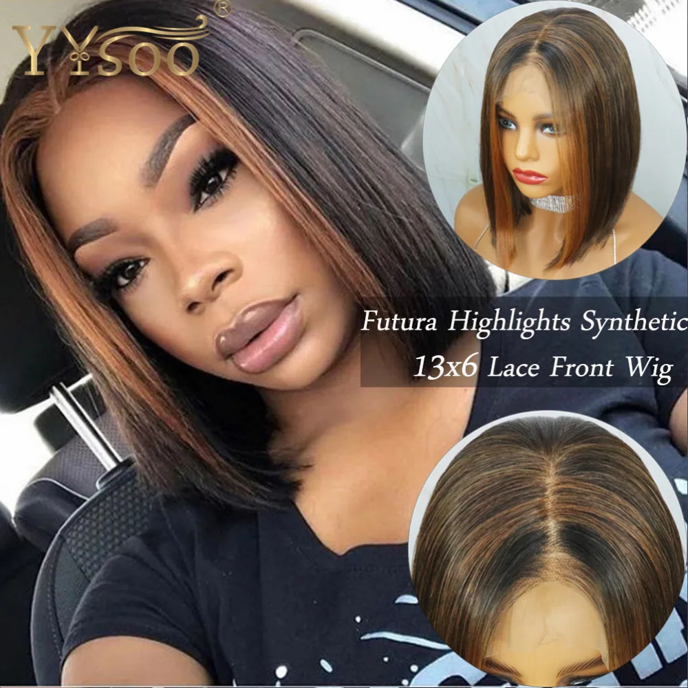 

YYsoo Short Black Highlights #27 Futura Synthetic Hair 13x6 Glueless Lace Front Wig For Women Silky Straight Bob Wig 6inch Part