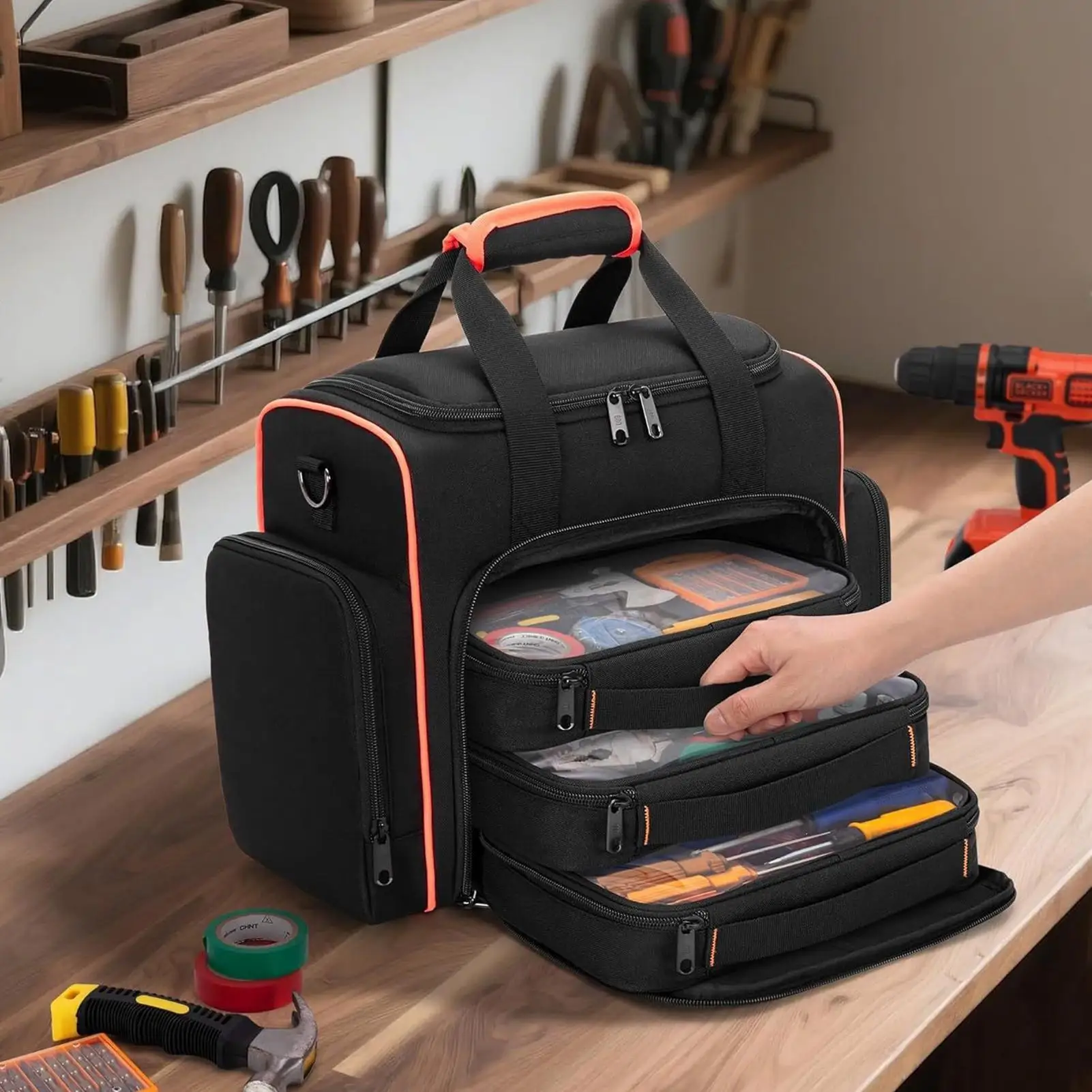 Heavy Duty Tool Bag Multi-Pocket Carrier With Detachable Shoulder Strap Tool Carrier Bag For Repair Shops Construction House