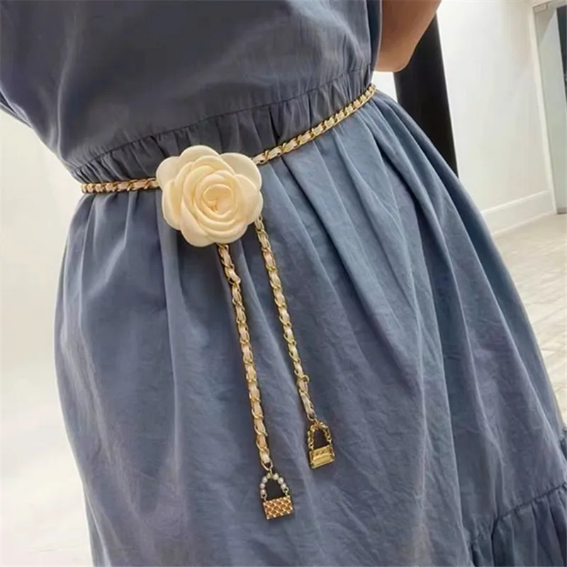 Fashion Leather Lock Big Rose Flower Tassel Belts Chain For Women Luxury Design Dress Accessories