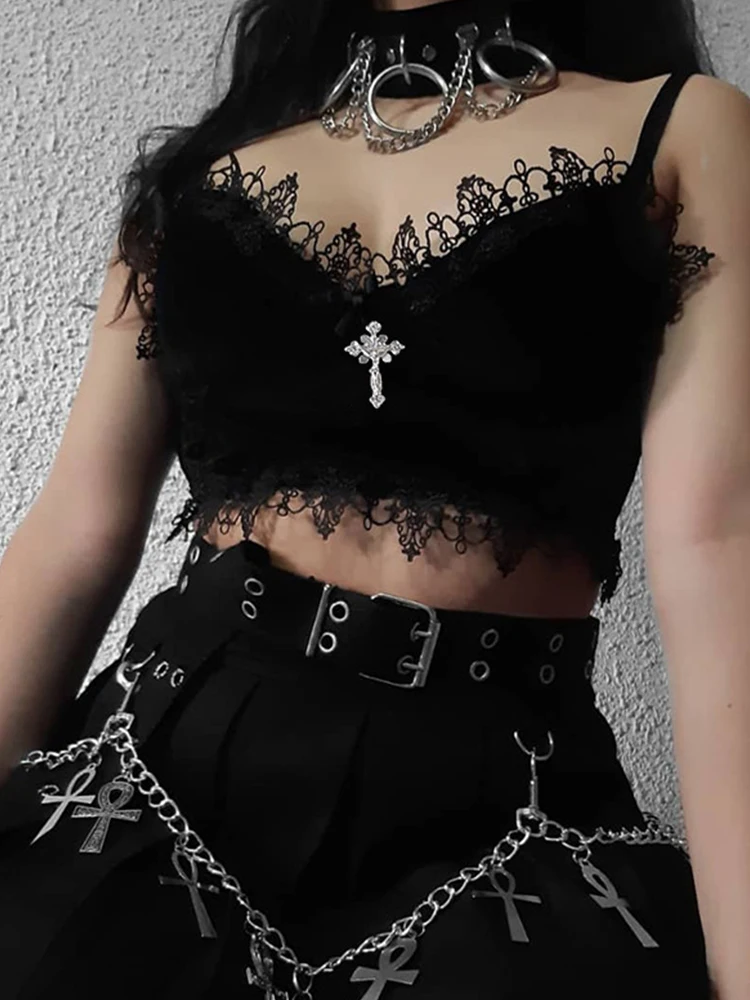 Velvet Y2K Mall Goth Crop Tops Black Lace Trim Emo Alternative Aesthetic Crop Tops Women Backless Sexy Strap Tanks